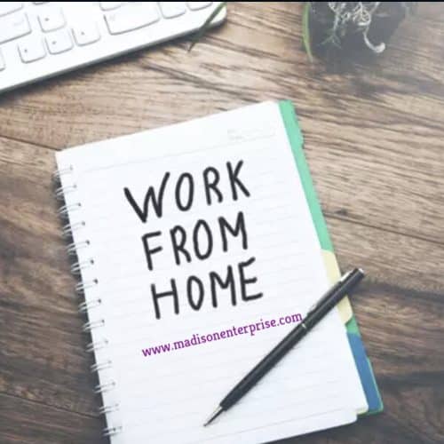 Work from home is mentioned in the picture, along with a lap, a pen, and some glasses.