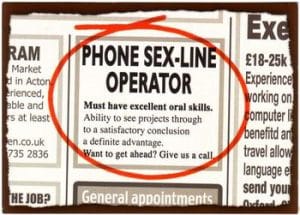 A phone sex advertisement appears in the picture, looks good, and is clearly visible during the photo session.